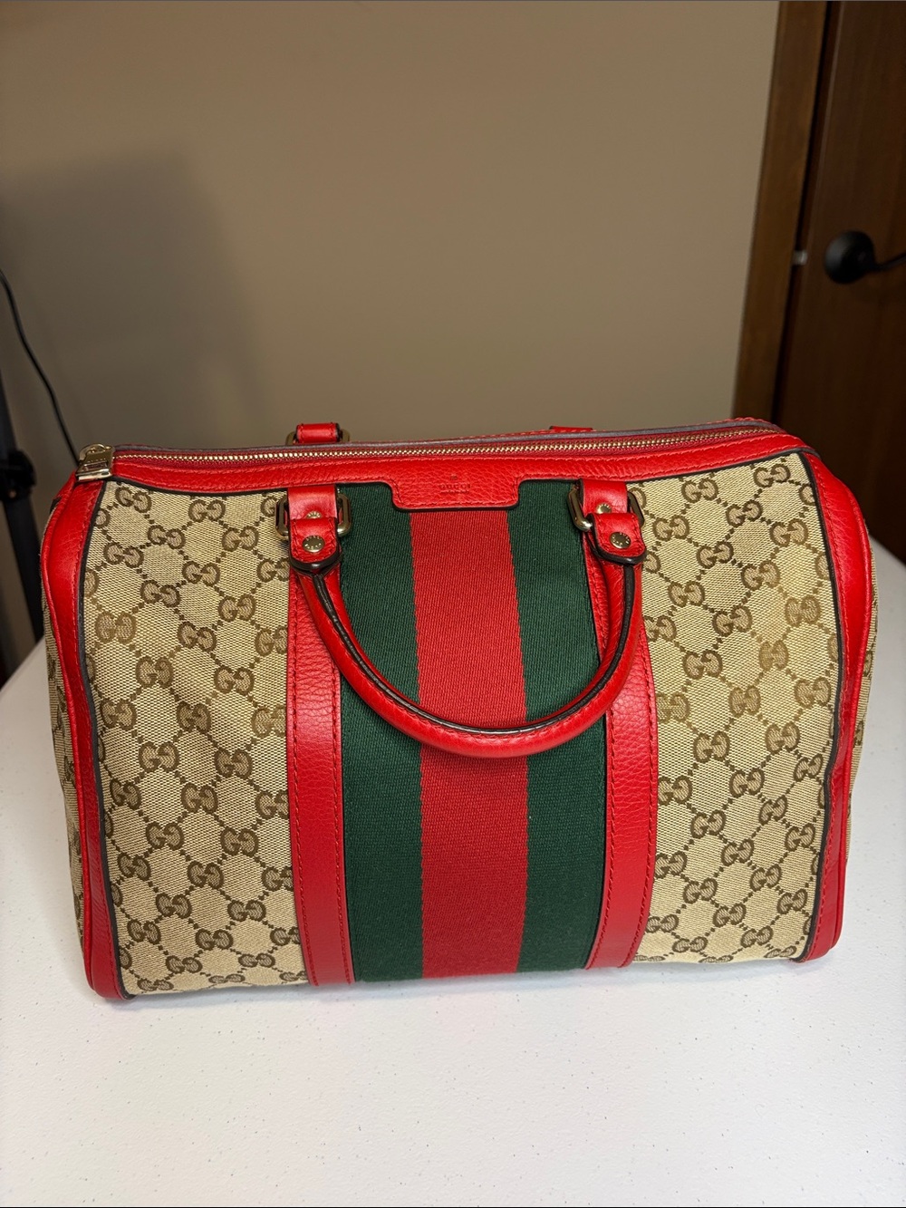 Gucci GG Supreme Web Boston Bag Leather Trim | No Strap - Picture 2 of 16